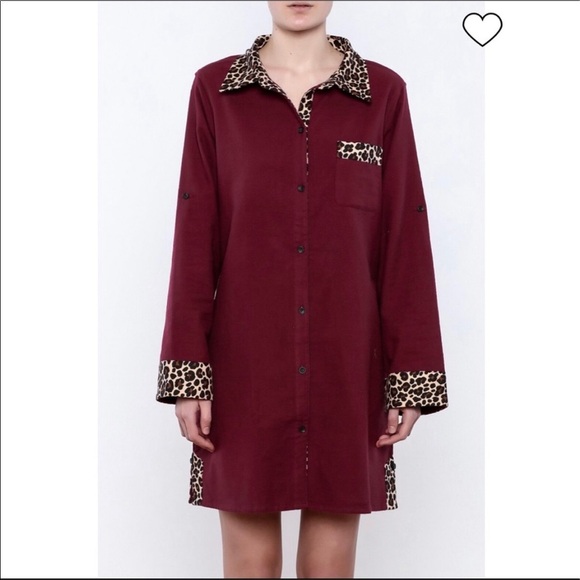 SIMPLY NOELLE Merlot and Leopard Button down  NIGHTSHIRT Size XXL 16-18 - Picture 2 of 7